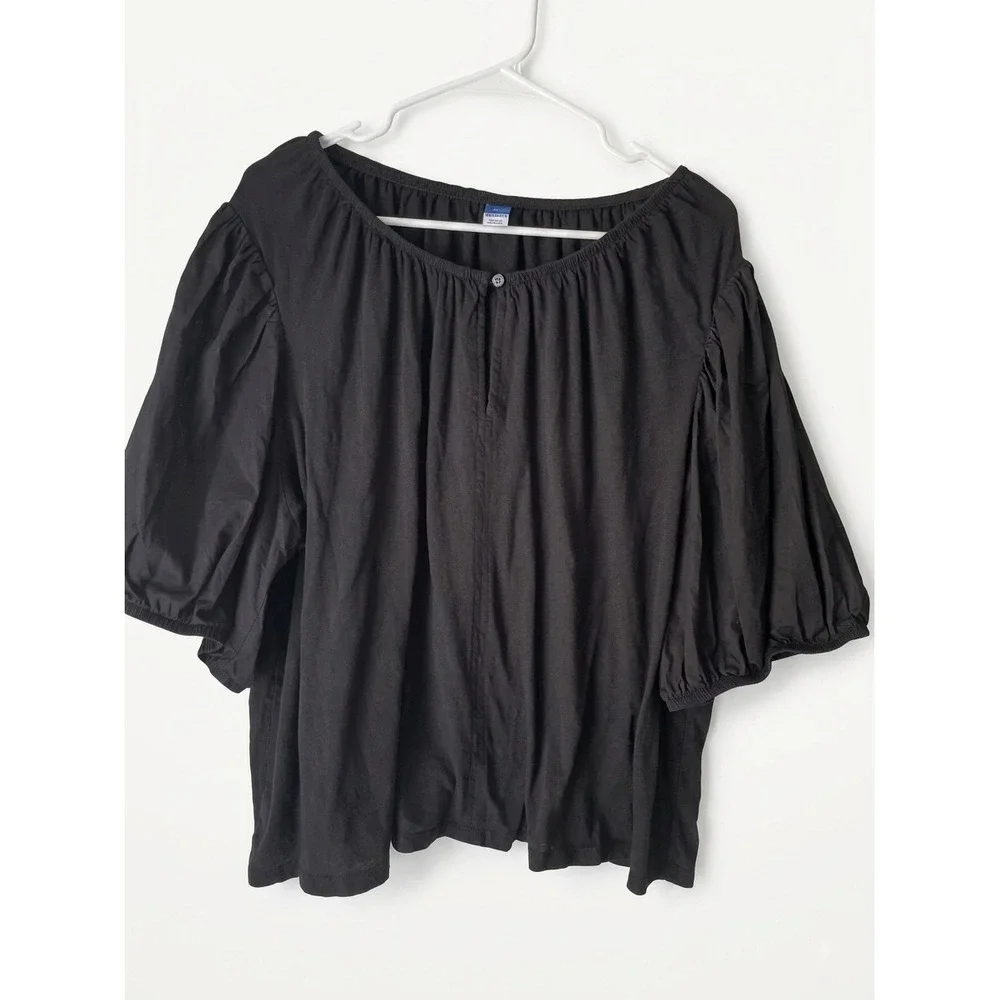 Old Navy Womens Black Puff Sleeve Top XXL Boho Peasant Blouse 100%Cotton.